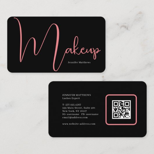 Moderne glam roze neon make-up script qr code busi visitekaartje (Voorkant / Achterkant)