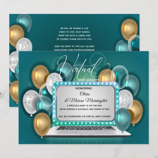 Moderne Glam Virtual Baby Boy Shower Blauwgroen Kaart (Voorkant / Achterkant)