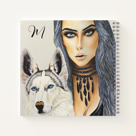 Moderne Glam Vrouw & Husky Wolf Hond Monogram Notitieboek (Achterkant)
