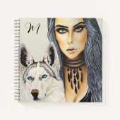 Moderne Glam Vrouw & Husky Wolf Hond Monogram Notitieboek (Voorkant)