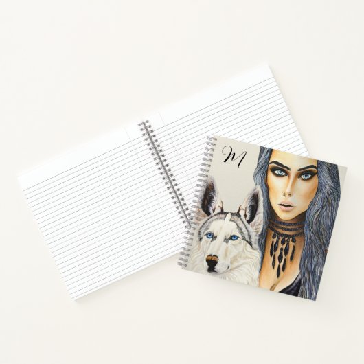 Moderne Glam Vrouw & Husky Wolf Hond Monogram Notitieboek (Binnen)