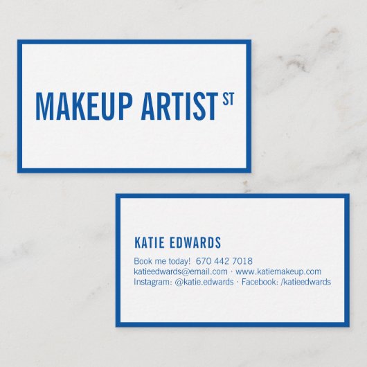 Moderne glam wit blauw straat teken make-up artist visitekaartje (Voorkant / Achterkant)