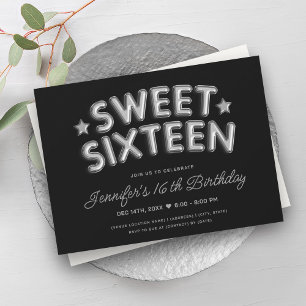 Moderne Glam Zilveren Ballonnen Zwart Sweet 16   Kaart