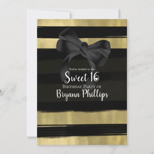 Moderne Glam Zwart Boog Goud Verfstreek Sweet 16 Kaart (Voorkant)