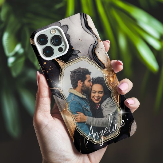 Moderne Glam Zwart en Goud Naam en Foto Case-Mate iPhone Case