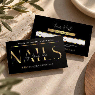 Moderne Glam Zwart & Goud Chic Manicure Nagel Salo Afsprakenkaartje