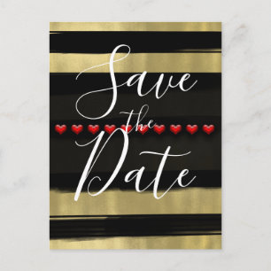 Moderne Glam Zwart & Goud Rode Harten Save the Dat Aankondigingskaart