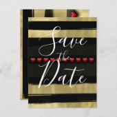 Moderne Glam Zwart & Goud Rode Harten Save the Dat Aankondigingskaart (Voorkant / Achterkant)