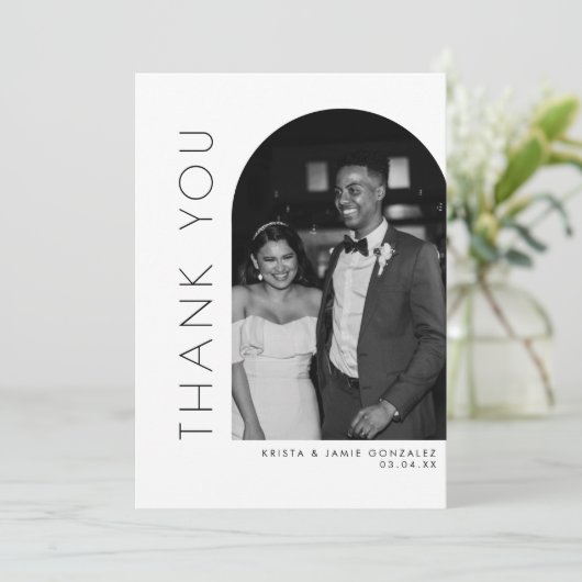 Moderne Glam Zwart & Wit Boog Foto Bruiloft Bedankkaart (Staand voorkant)