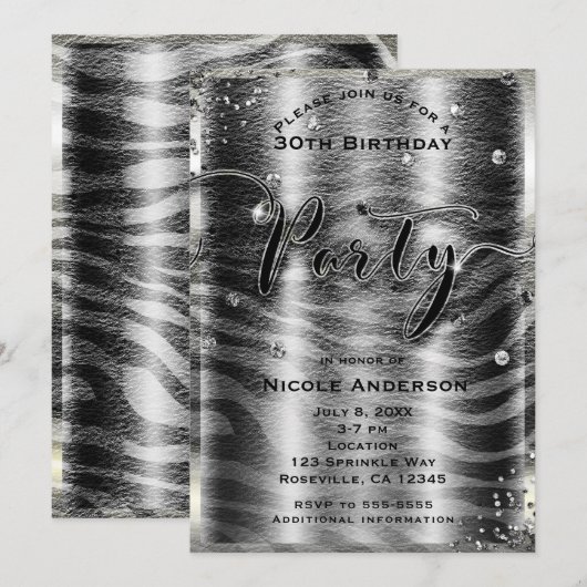 Moderne Glam Zwart Witte Zebra & Zilver Bling Fees Kaart (Voorkant / Achterkant)