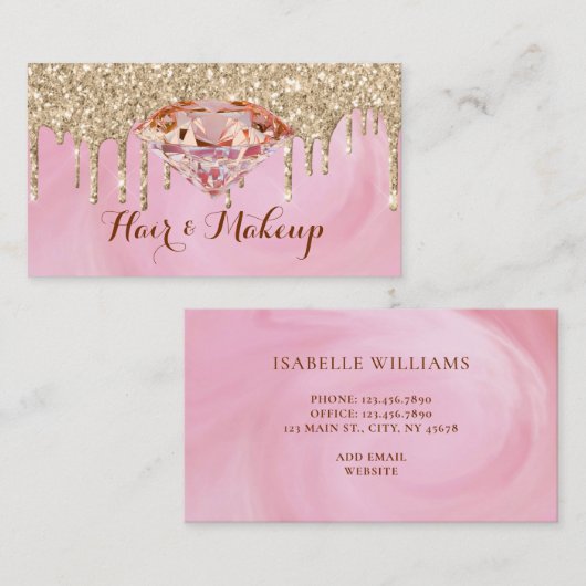 Moderne Glamoureus Gold Glitter drukt roze diamant Visitekaartje (Voorkant / Achterkant)