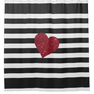Moderne Glamoureus Red Faux Glitter Heart Stripes Douchegordijn