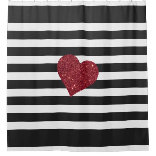 Moderne Glamoureus Red Faux Glitter Heart Stripes Douchegordijn (Voorkant)