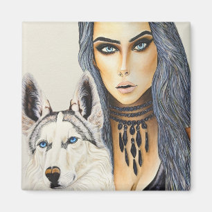 Moderne glamourvrouw & Husky wolfshond Magneet