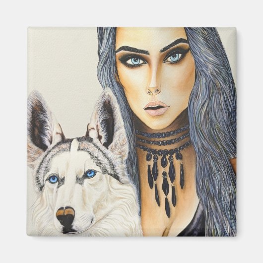 Moderne glamourvrouw & Husky wolfshond Magneet (Voorkant)