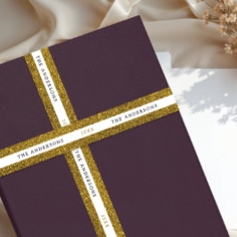 Moderne Glanzende Gouden Witte Glitter Naam Typo Satijnen Lint