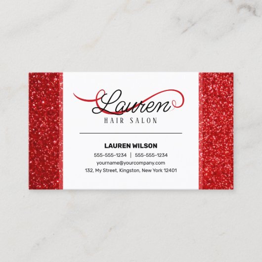 Moderne glanzende rode glitter haar stylist salon visitekaartje (Voorkant)