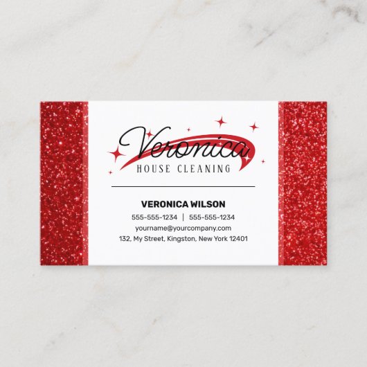 Moderne glanzende rode glitter huishoudster schoon visitekaartje (Voorkant)