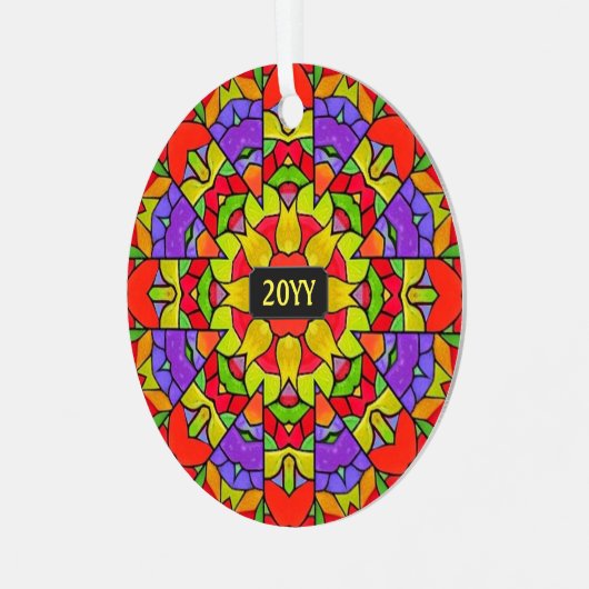 Moderne Glas in lood van de Kerk met Jaar Metalen Ornament (Voorkant links)