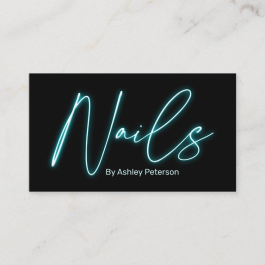 Moderne glazen blauwe neonnagels script logo qr co visitekaartje (Voorkant)