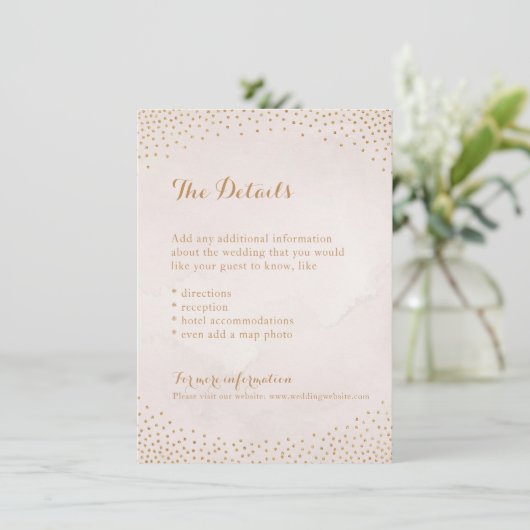 Moderne glazen blush roos gouden confetti-kaart informatiekaartje (Staand voorkant)