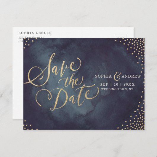 Moderne glazen goudglitterkalligrafie met uitzonde aankondigingskaart (Voorkant / Achterkant)