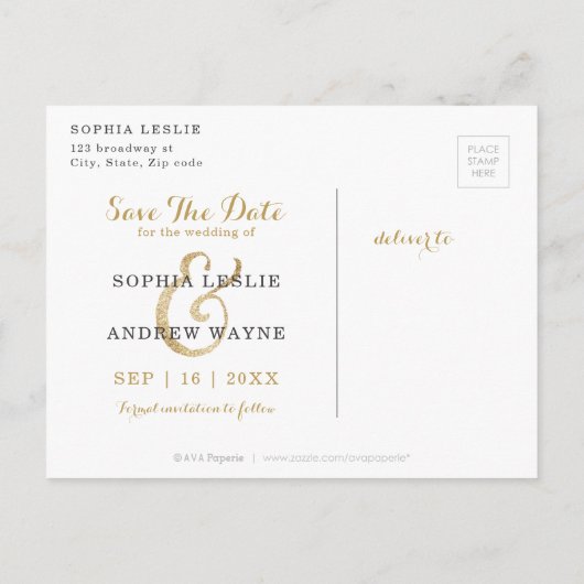 Moderne glazen goudglitterkalligrafie met uitzonde aankondigingskaart (Achterkant)