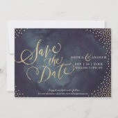 Moderne glazen goudglitterkalligrafie met uitzonde save the date (Voorkant)