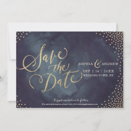 Moderne glazen goudglitterkalligrafie met uitzonde save the date