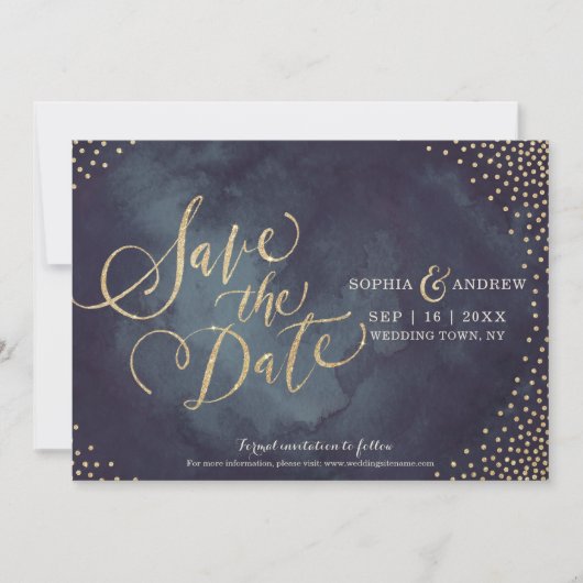 Moderne glazen goudglitterkalligrafie met uitzonde save the date (Voorkant)