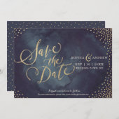 Moderne glazen goudglitterkalligrafie met uitzonde save the date (Voorkant / Achterkant)