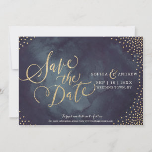 Moderne glazen goudglitterkalligrafie met uitzonde save the date