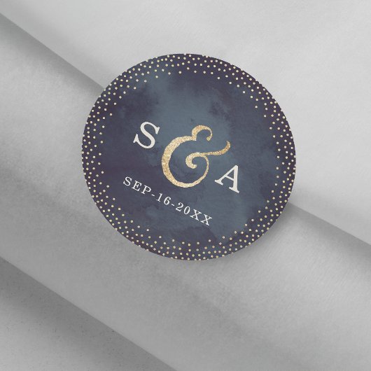 Moderne glazen nacht voor goud glitter monogram ronde sticker
