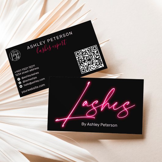 Moderne glazen roze neon zweeft script logo qr cod visitekaartje
