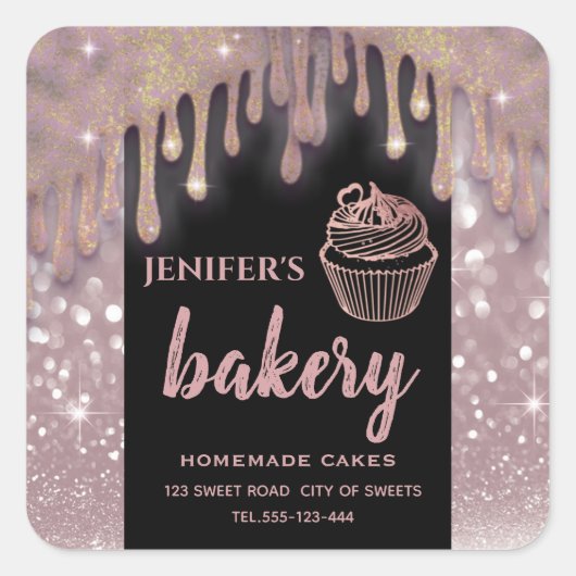 Moderne glinsterende druppels cupcake bakkerij lab vierkante sticker (Voorkant)