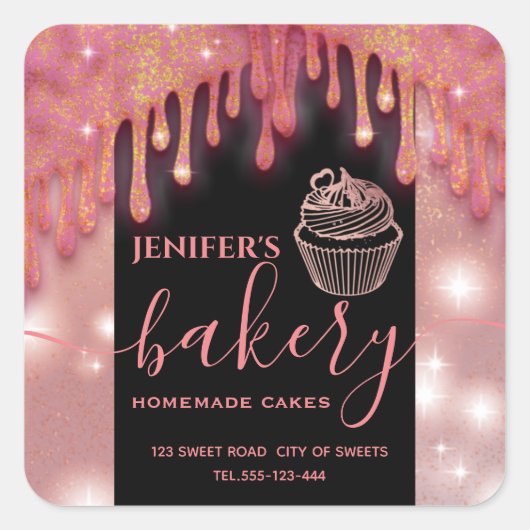 Moderne glinsterende druppels cupcake bakkerij lab vierkante sticker (Voorkant)