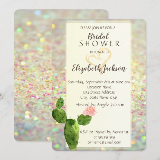 Moderne Glitter Bokeh Cactus Bruidsdouche Kaart (Voorkant / Achterkant)