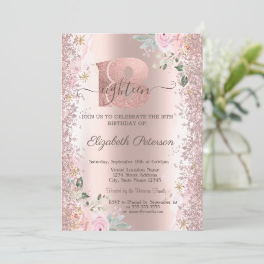 Moderne Glitter Confetti Roos Gold 18e verjaardag Kaart (Staand voorkant)