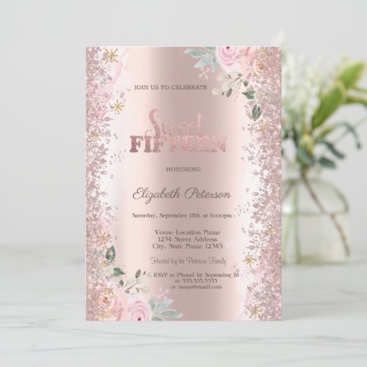 Moderne Glitter Confetti Roos Gouden Rozen 15e Kaart (Staand voorkant)