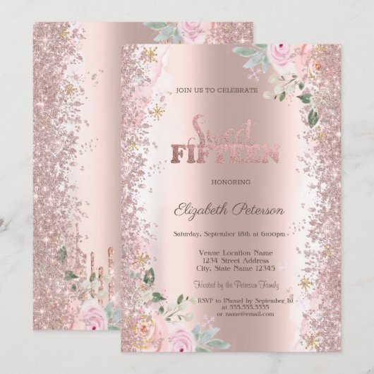 Moderne Glitter Confetti Roos Gouden Rozen 15e Kaart (Voorkant / Achterkant)