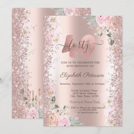 Moderne Glitter Confetti Roos Gouden Rozen 40ste Kaart (Voorkant / Achterkant)