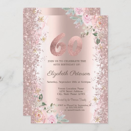 Moderne Glitter Confetti Roos Gouden Rozen 60ste Kaart (Voorkant / Achterkant)