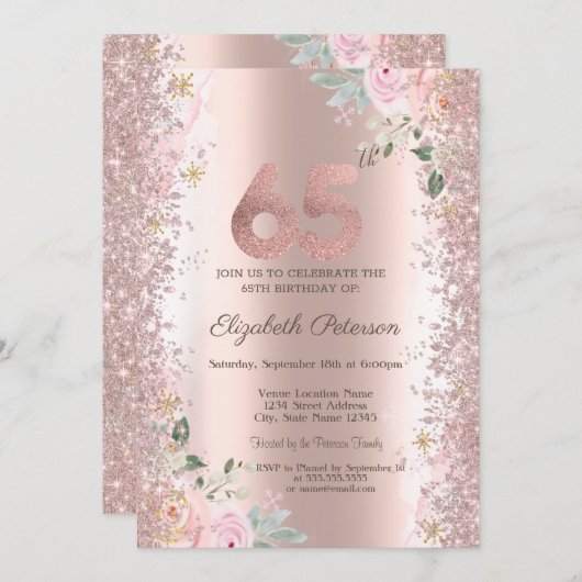 Moderne Glitter Confetti Roos Gouden Rozen 65e Kaart (Voorkant / Achterkant)