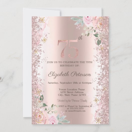 Moderne Glitter Confetti Roos Gouden Rozen 75e Kaart (Voorkant)