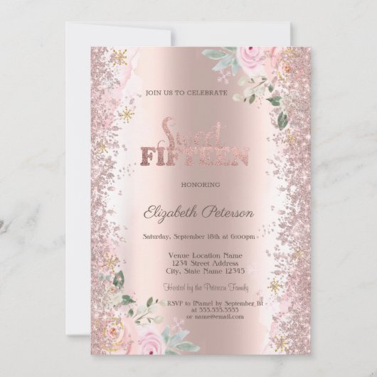 Moderne Glitter Confetti Roze Goud Rozen 15e Kaart (Voorkant)
