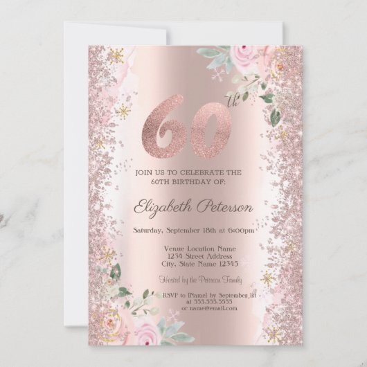 Moderne Glitter Confetti Roze Goud Rozen 60ste Kaart (Voorkant)