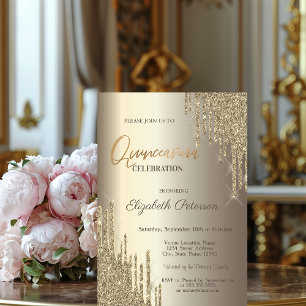 Moderne Glitter Drift Champagne Gold Quinceañera Kaart