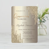 Moderne Glitter Drift Champagne Gold Quinceañera Kaart (Staand voorkant)