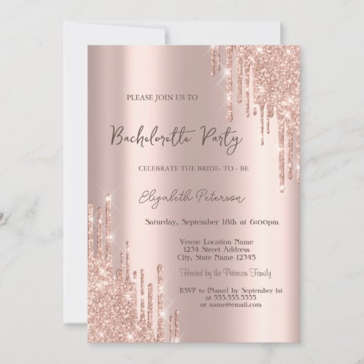 Moderne Glitter Drift Roos Gold Bachelorette Party Kaart (Voorkant)