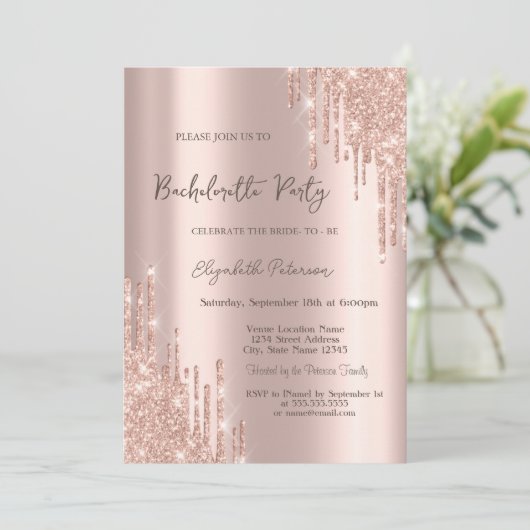 Moderne Glitter Drift Roos Gold Bachelorette Party Kaart (Staand voorkant)